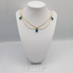 Collier- Chaine, Strass et Perles - Bleu