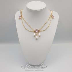 Collier- Chaine, Strass et Perles - Rose