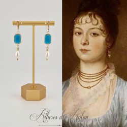 Boucles d'oreilles  Strass carré et Perles Gouttes -Bleu