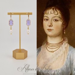 Boucles d'oreilles  Strass carré et Perles Gouttes -Mauve