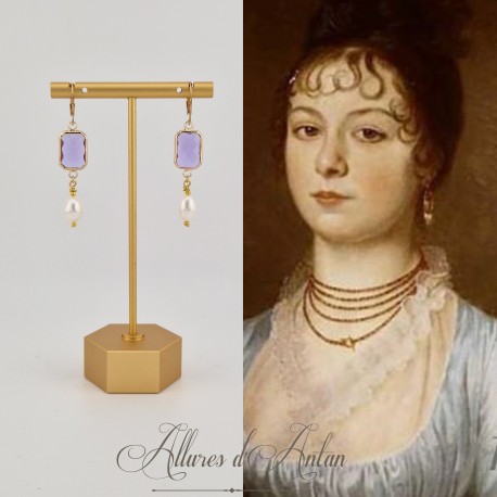 Boucles d'oreilles  Strass carré et Perles Gouttes -Mauve