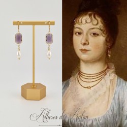 Boucles d'oreilles  Strass carré et Perles Gouttes -Violet