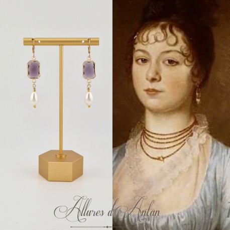 Boucles d'oreilles  Strass carré et Perles Gouttes -Violet