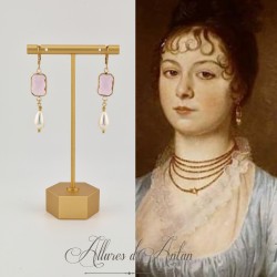 Boucles d'oreilles  Strass carré et Perles Gouttes -Rose