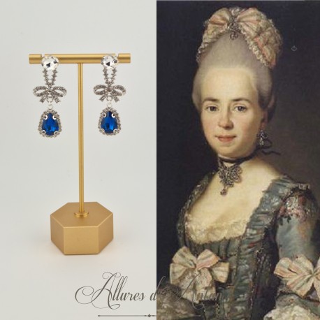 Boucles d'oreilles XVIIIe Noeud Argenté - strass Bleu