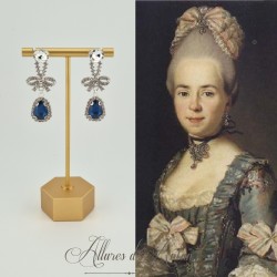 Boucles d'oreilles XVIIIe Noeud Argenté - strass Bleu