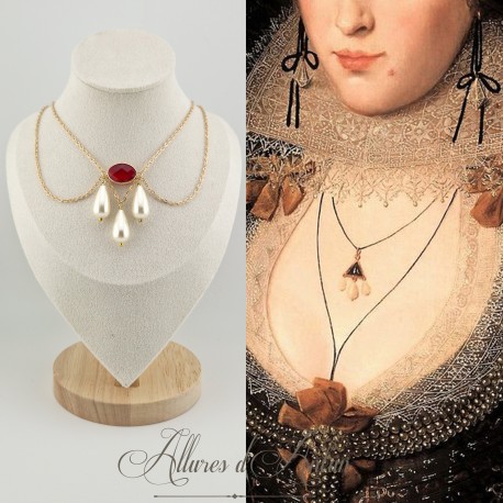 Collier- Chaine, Strass et Perles - Rouge